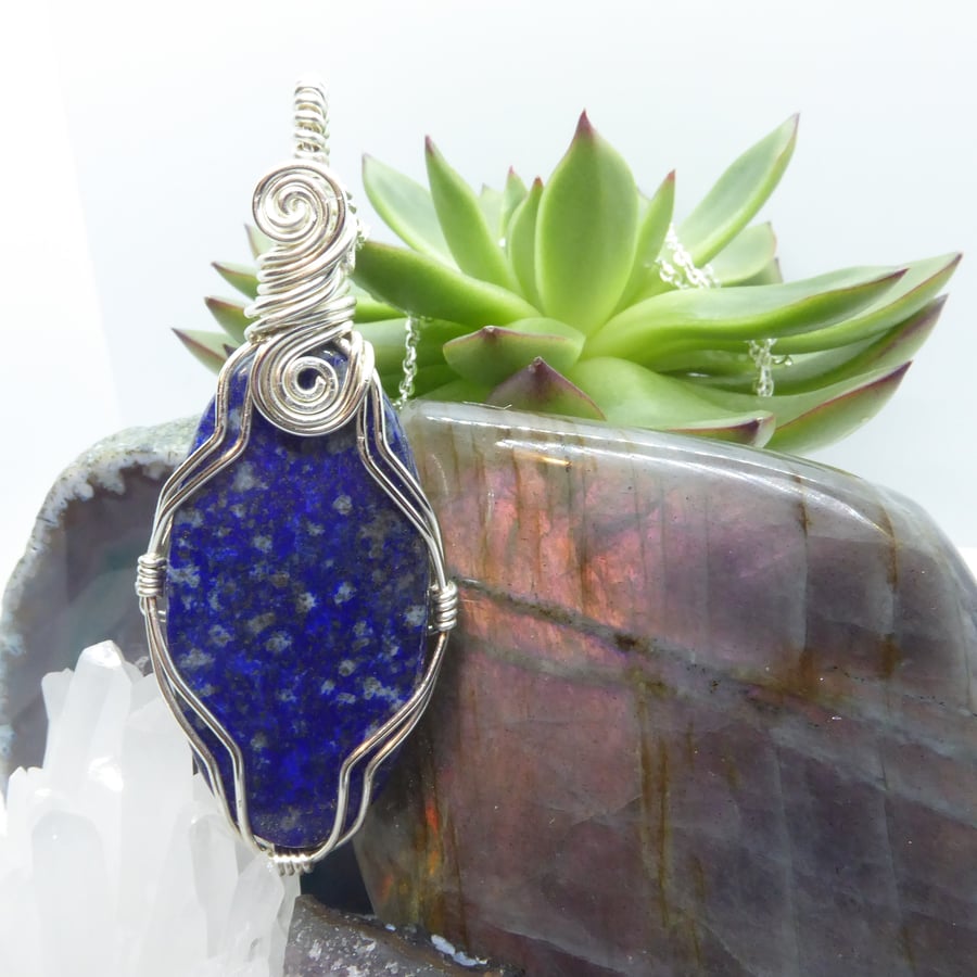 Large Lapis Lazuli Cabochon Wrapped in Silver Plated Copper
