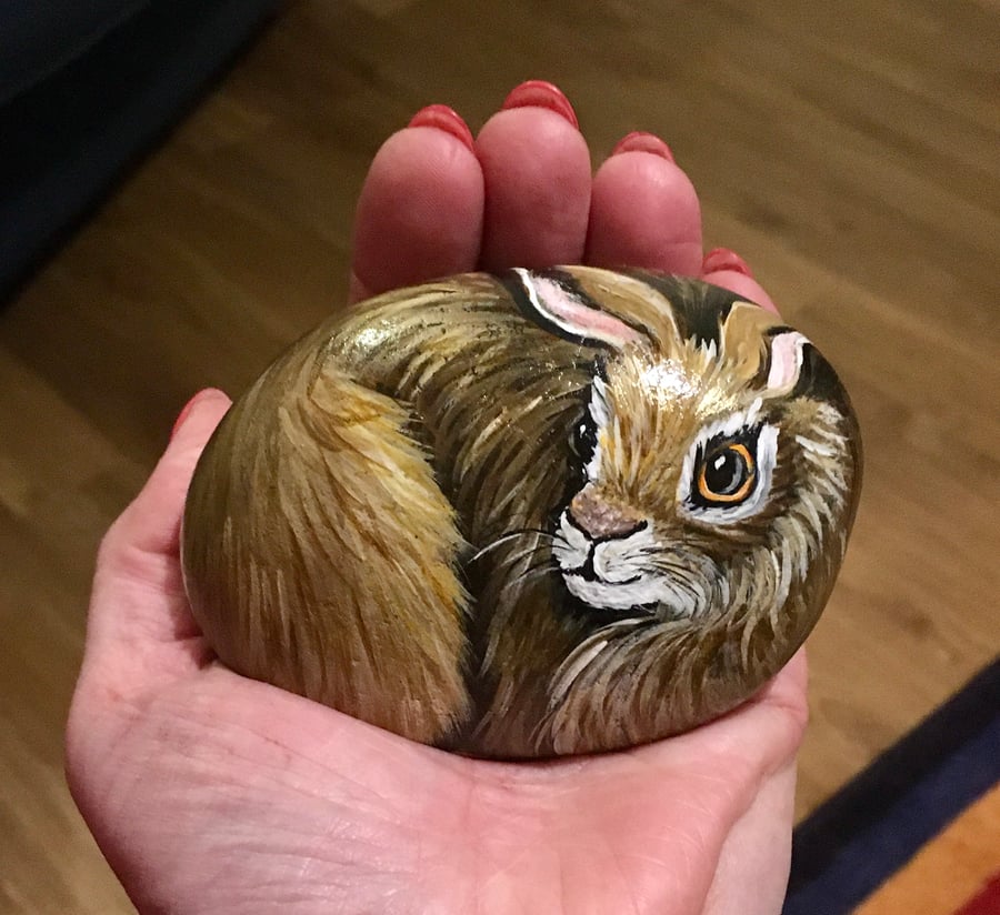 Hare painted pebble garden rock art pet stone portrait wildlife painting 