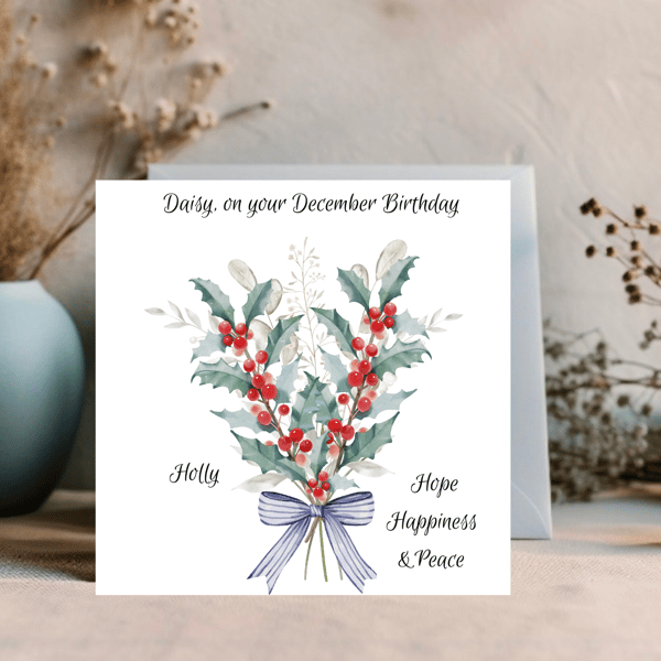 December Birthday Card, Personalised, Birth Flower Birthday Card, Holly
