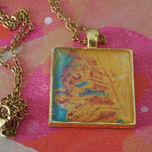 Botanical Art Pendant, wearable artwork pendant  in tones of turquoise and yello