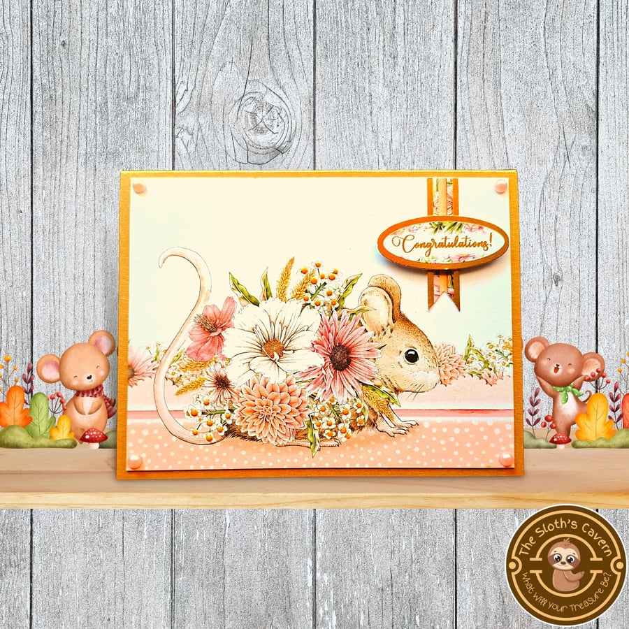 Congratulations Greeting Card With A Mouse In Blooming Flowers, Blank Insert