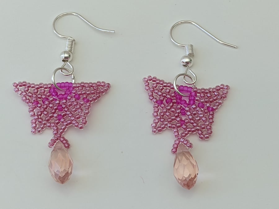 Pink butterfly beaded earrings with crystal drop 