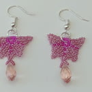 Pink butterfly beaded earrings with crystal drop 