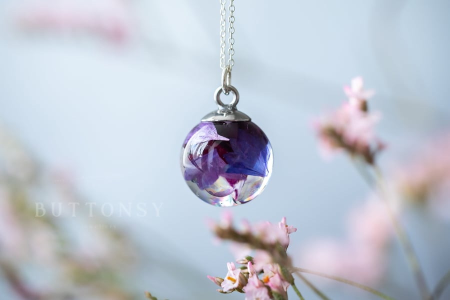 Bubble And Flower Necklace Real Flower Necklace Cornflower Necklace Bubble Jewel