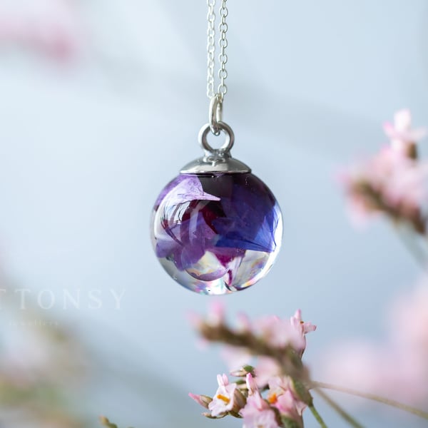 Bubble And Flower Necklace Real Flower Necklace Cornflower Necklace Bubble Jewel