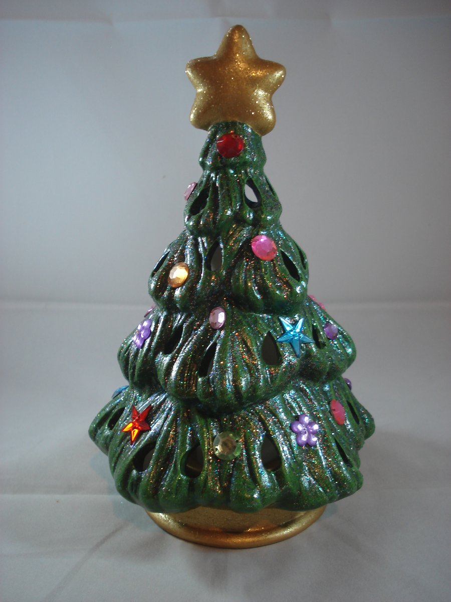 Green Ceramic Glittery Xmas Christmas Tree Candle Holder Ornament Decoration.