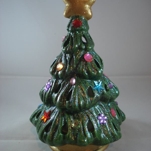 Green Ceramic Glittery Xmas Christmas Tree Candle Holder Ornament Decoration.