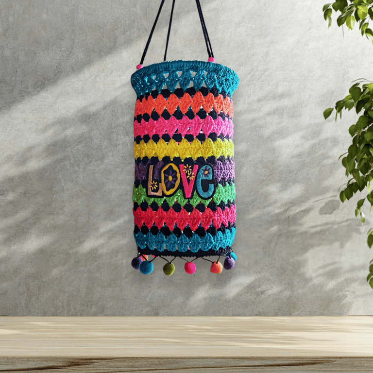 colourful crochet garden lantern, hanging decoration, bright light shade, neon