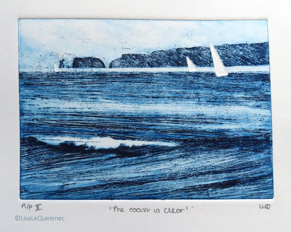 Original etching artist proof print of sailing boats at Old Harry Rocks