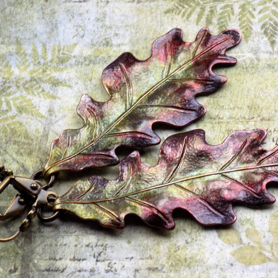 VILLIANOUS Green and Purple Autumn Fall Hand Painted Oak Leaf Earrings