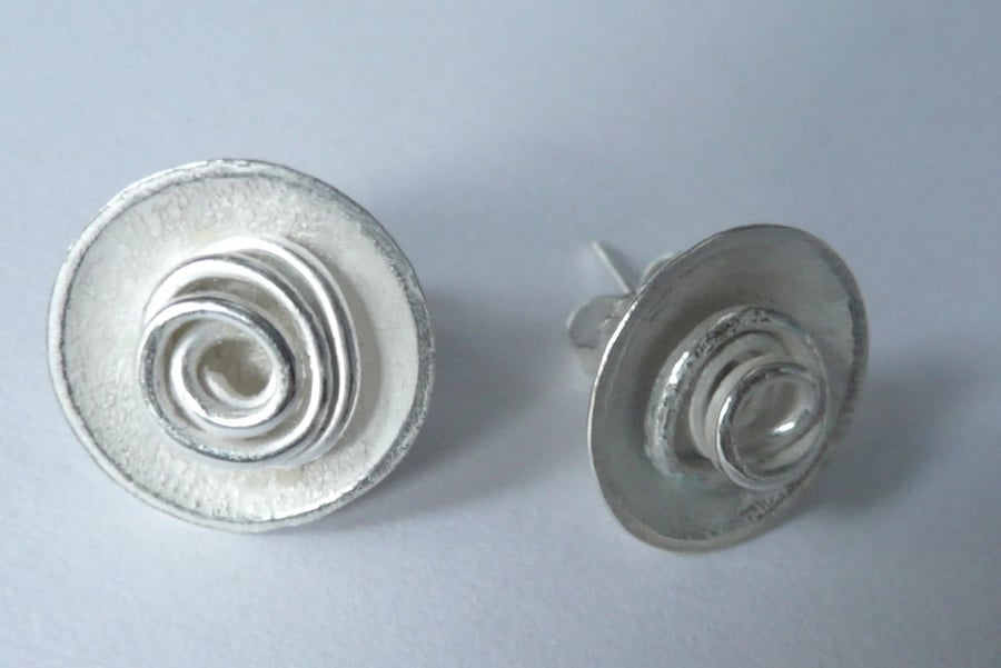 Handmade Domed Silver Earrings with Silver Whirls, stud earrings, modern earring