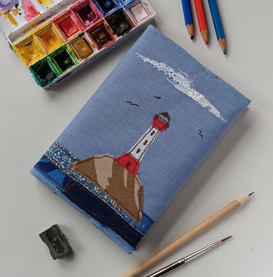 A6 Notebook Cover with Embroidered Lighthouse and Seascape