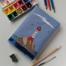 A6 Notebook Cover with Embroidered Lighthouse and Seascape