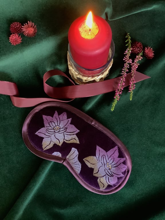 Lotus Flower Eye Mask, Plum Velvet Eye Mask, Lavender Infused Relaxation Gift