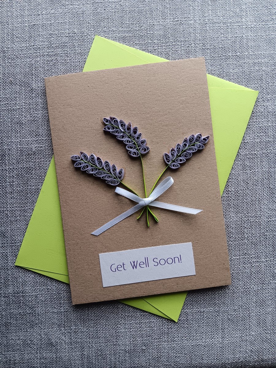 Handmade Get Well Card with Quilled Lavender Size 6" x 4" 