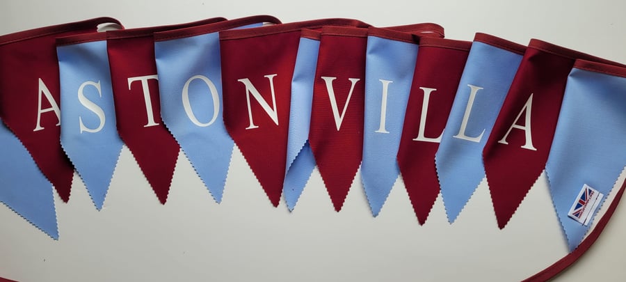 Printed Aston Villa fabric bunting White vinyl lettering on burg and blue flags