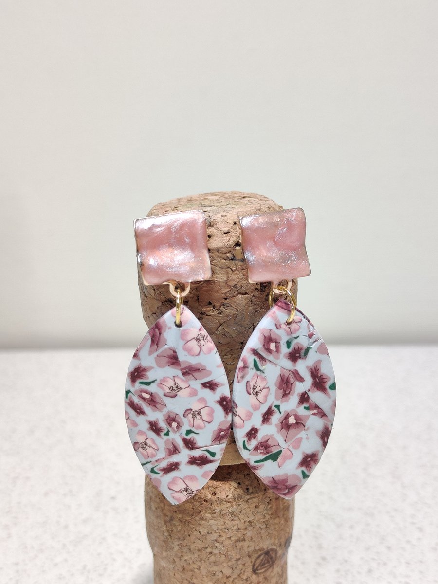 Spring floral ellipse dangle polymer clay earrings 