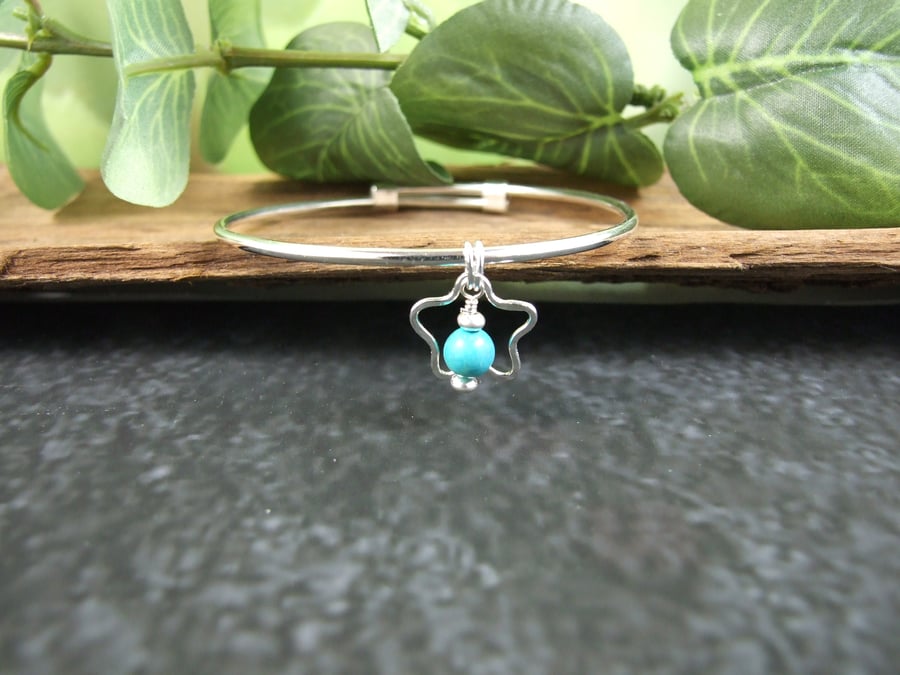 Sterling Silver Adjustable Fit Bangle with Turquoise and Star Charm