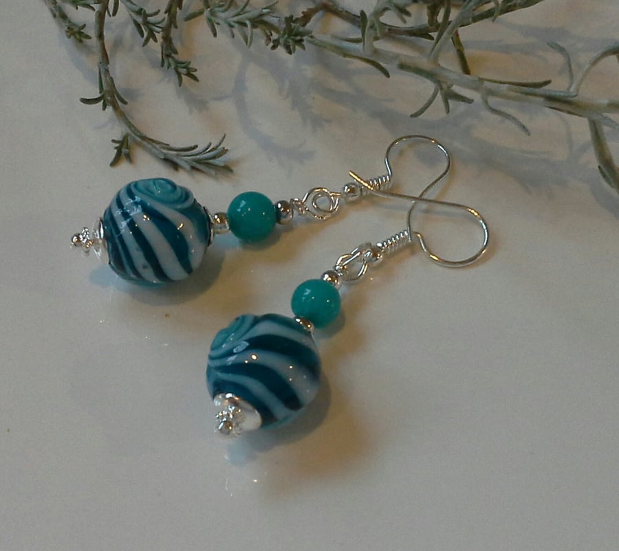 Hand Blown Vanitian Glass & Quartzite Silver Plate Earrings