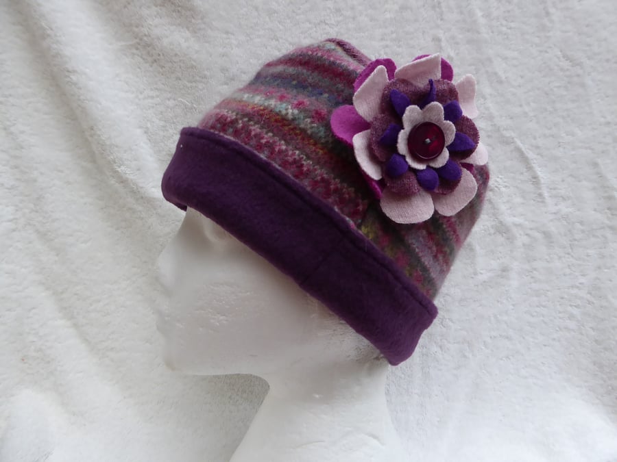 Wool Hat Created from Up-cycled Sweaters. Pink Fair Isle . Purple Crown
