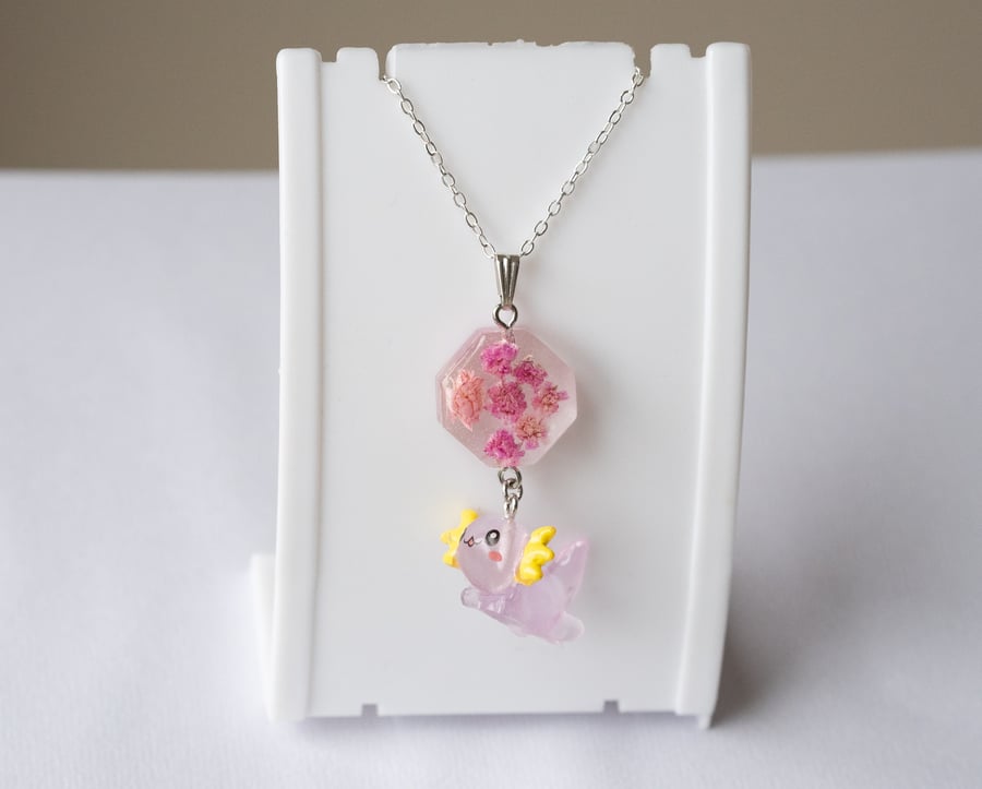 Axolotl necklace with real flowers Pale pink kawaii resin jewellery girl gift 