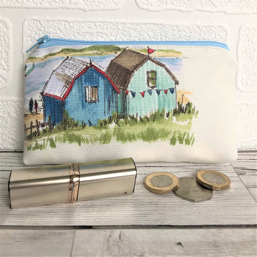Large purse, coin purse in cream with two beach huts and bunting