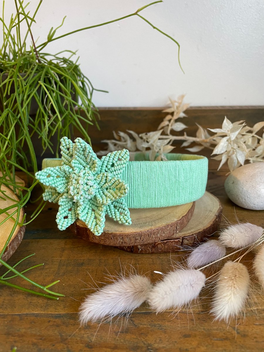 Mint Handmade Macrame Headband with Sage Floral Detail,