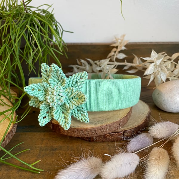Mint Handmade Macrame Headband with Sage Floral Detail,