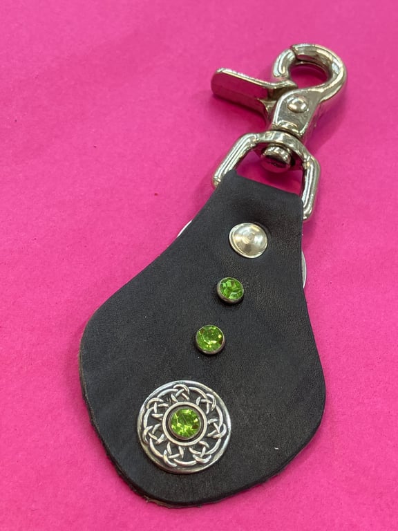 Black Leather Keyring with Celtic Design and 3 Green Gemstones
