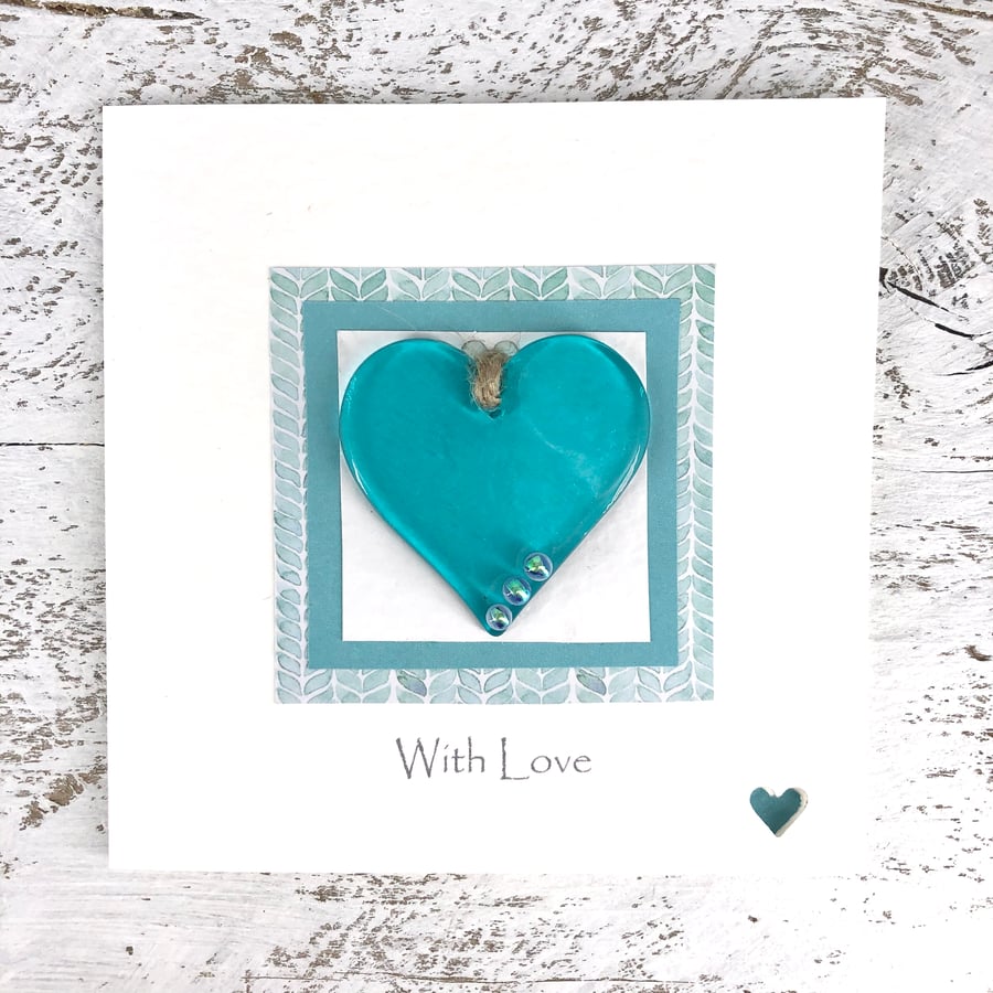 Card ‘With Love’ with Detachable Turquoise Glass Heart 