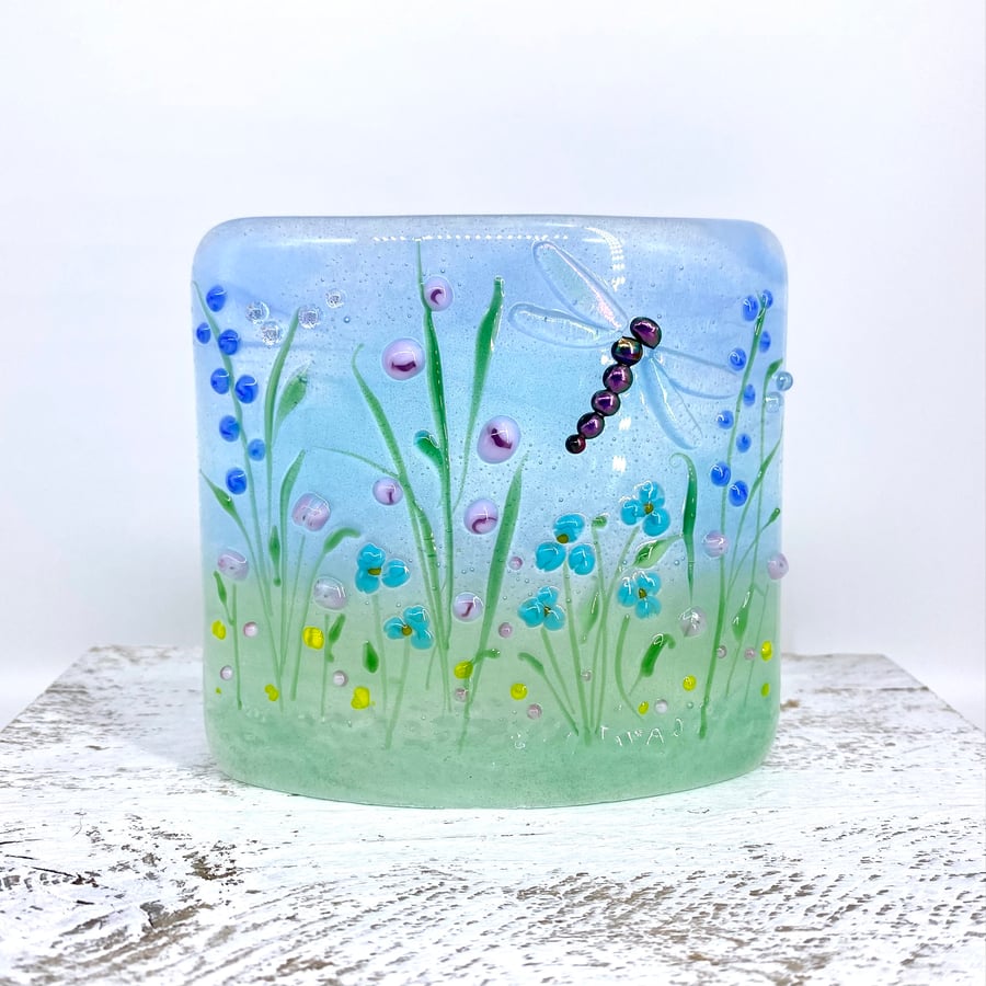 Glass Flower Meadow Panel in Pastel Shades with a Dragonfly