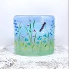 Glass Flower Meadow Panel in Pastel Shades with a Dragonfly