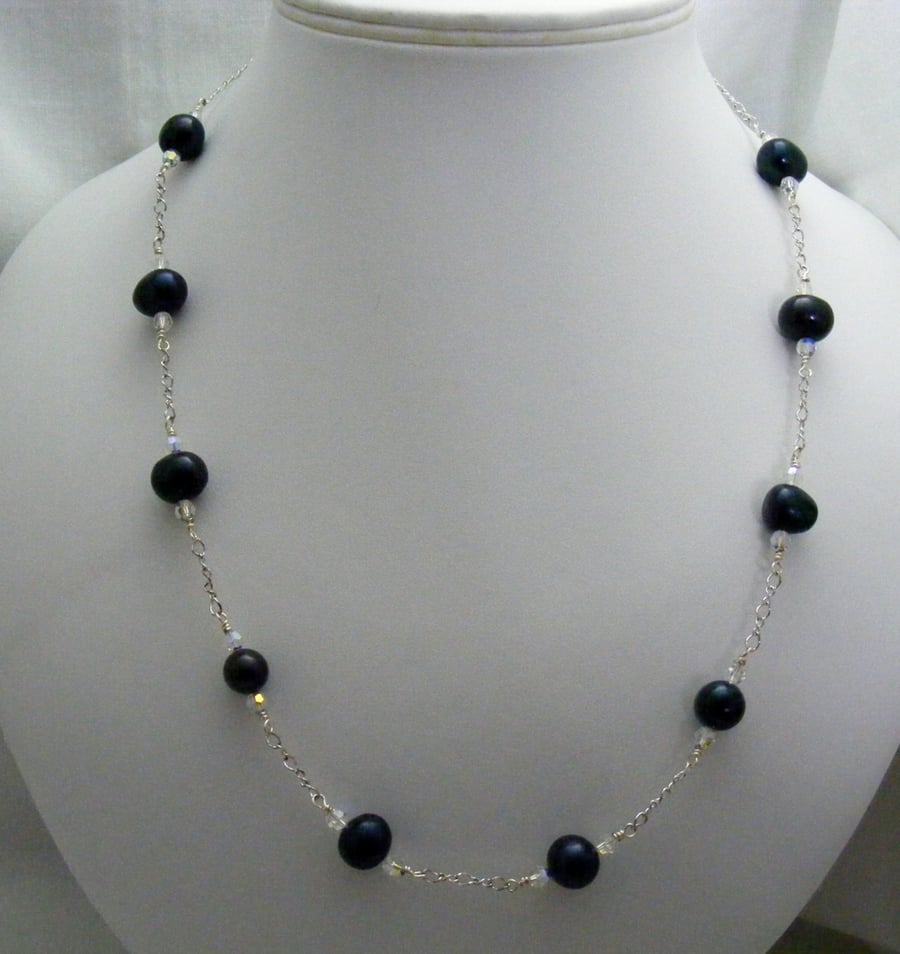 Black Freshwater Pearl and Crystal Necklace