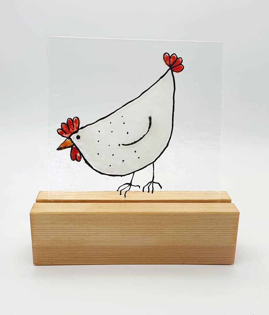 Fused Glass Hen with a Wooden Stand