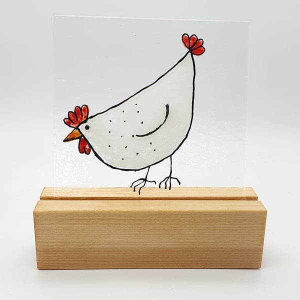Fused Glass Hen with a Wooden Stand