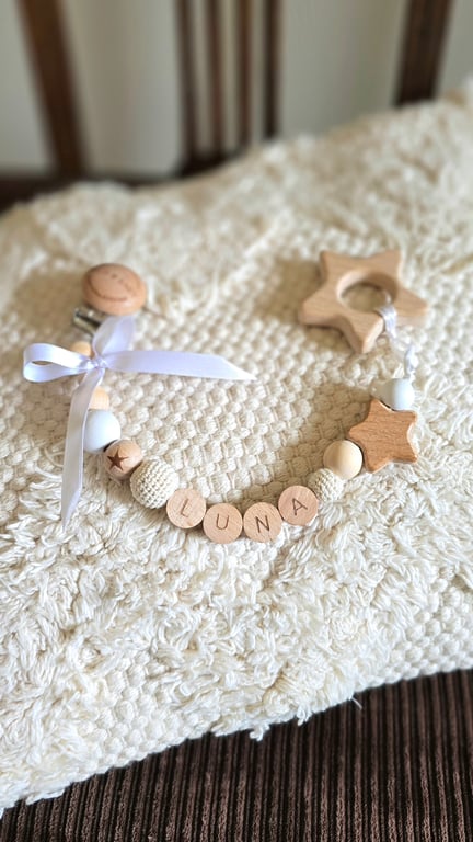 Personalised baby dummy pacifier clip or teething toy clip, natural wood white
