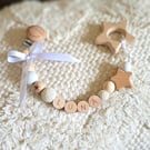 Personalised baby dummy pacifier clip or teething toy clip, natural wood white