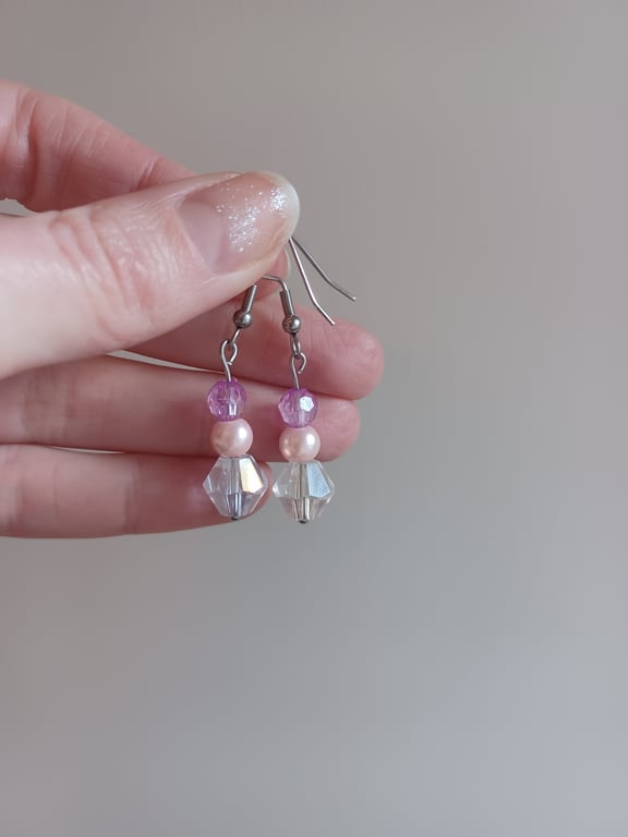 Clear crystal, pearl and pink beaded drop earrings