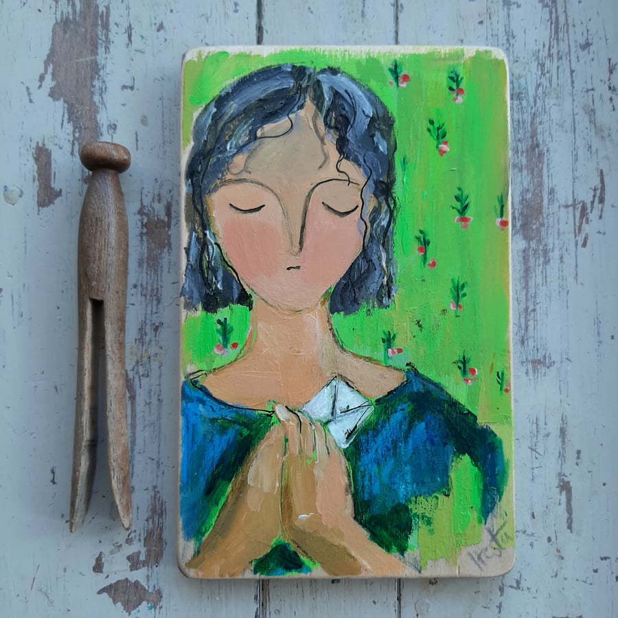 Contemporary painting of a girl on reclaimed wood