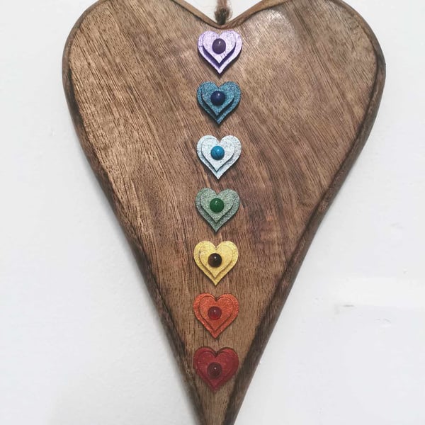 Large wooden hanging chakra heart, Real gemstone chakra crystals, Reiki gift 