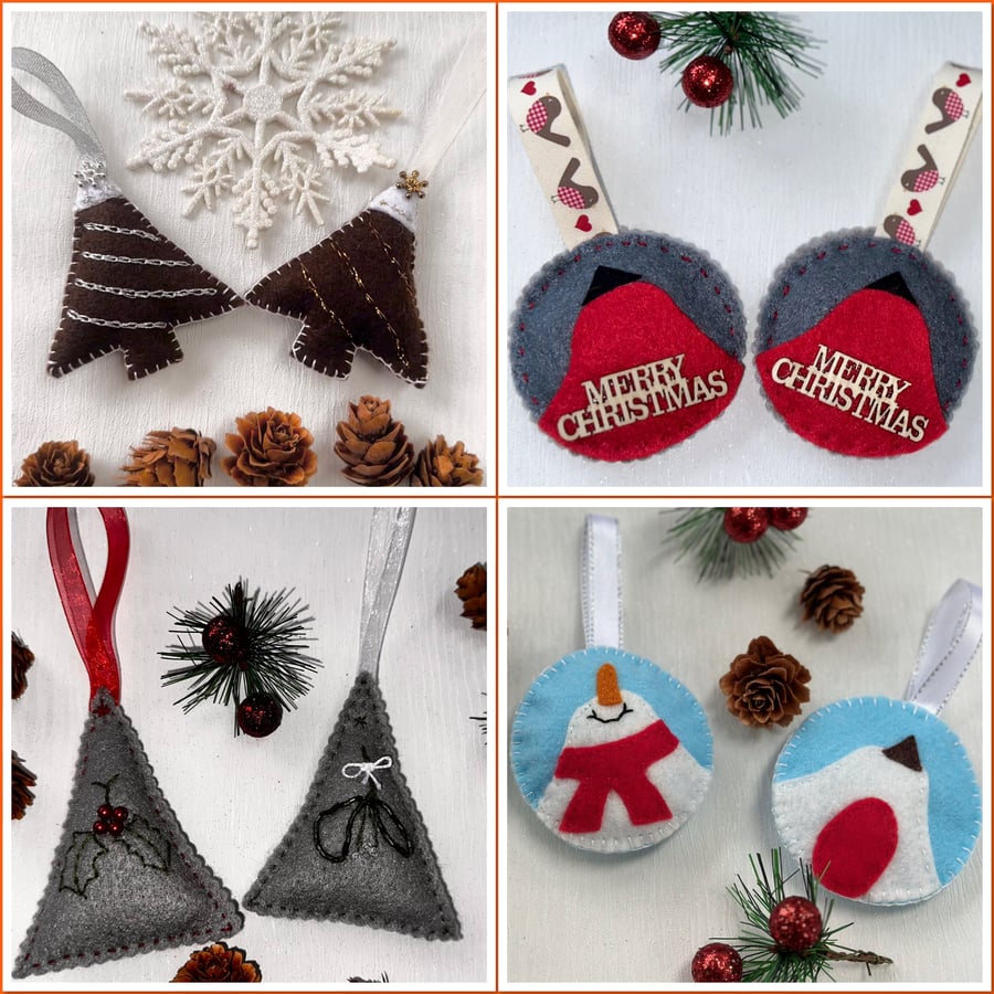 Sets of 2 Christmas hand embroidered matching hanging felt Christmas tree bauble