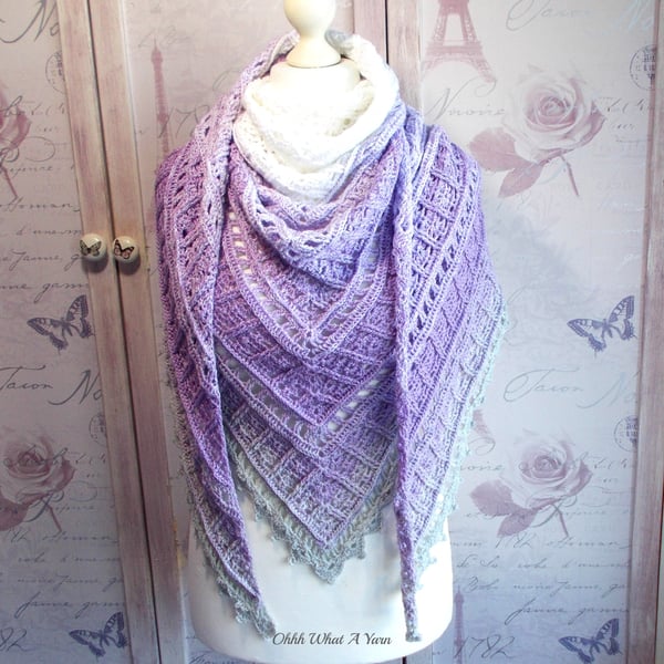 Crochet ombre acrylic shawl in shades of lilac, grey and white. Crochet shawl.