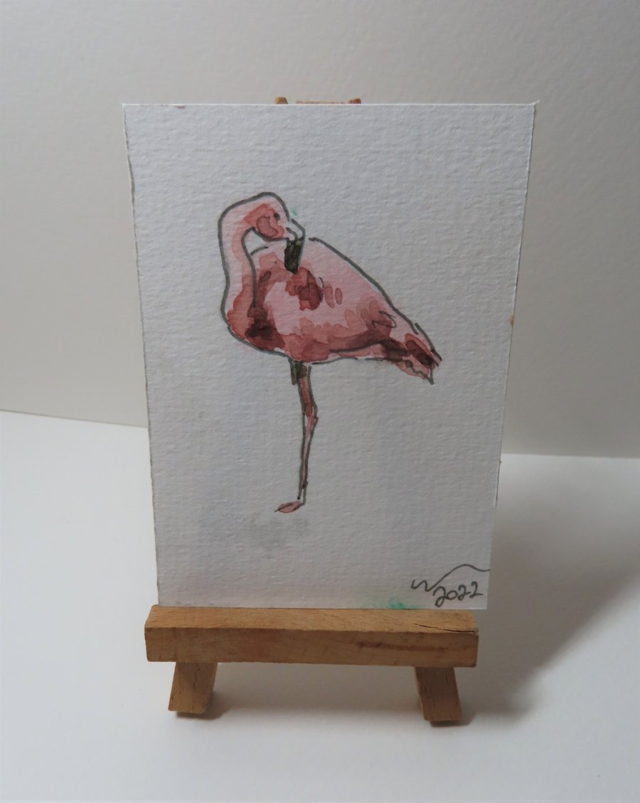 ACEO Animal Art Flamingo Stand Original Watercolour Ink Painting OOAK Bird