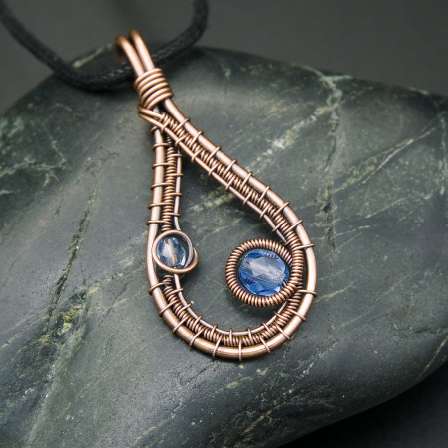 Copper Wire Weave Drop Pendant with Faceted Pale Blue AB Glass Beads