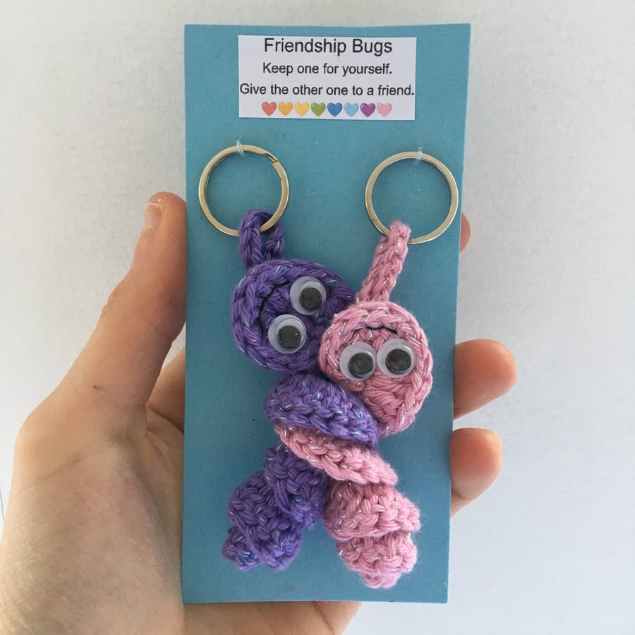 Purple And Pink Crochet Friendship Bug Keyring, Best Friend Gift