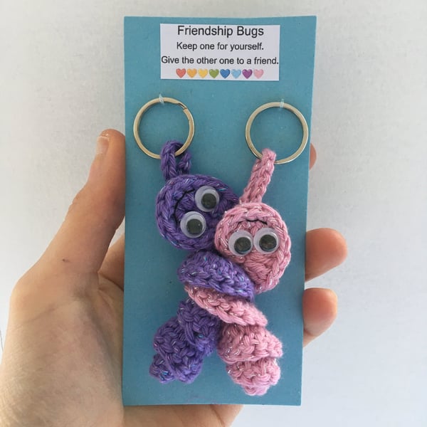 Purple And Pink Crochet Friendship Bug Keyring, Best Friend Gift