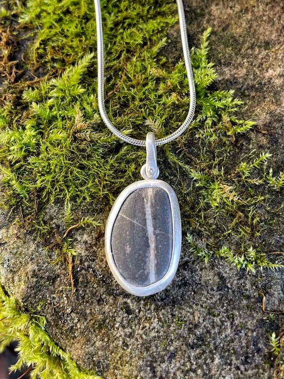 Cornish beach pebble and sterling silver pendant and chain.
