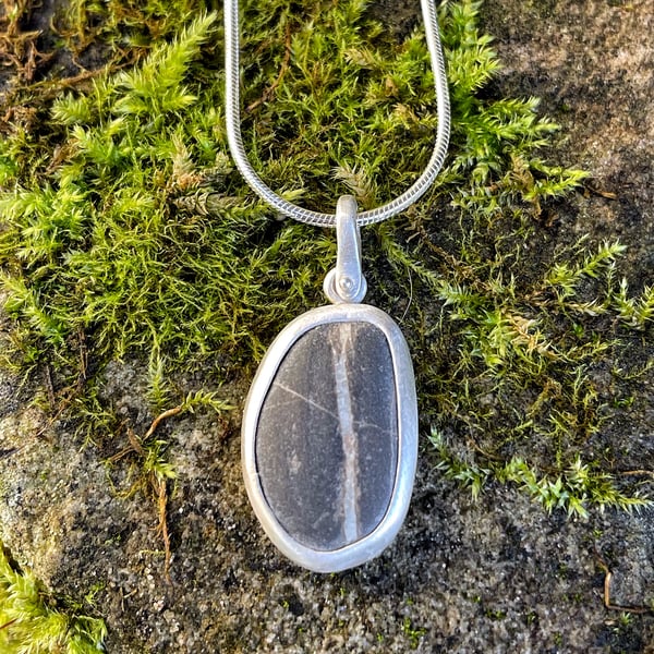 Cornish beach pebble and sterling silver pendant and chain.