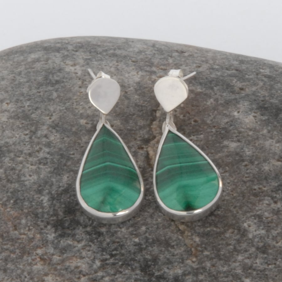 Sterling silver and stripy green malachite drop earrings