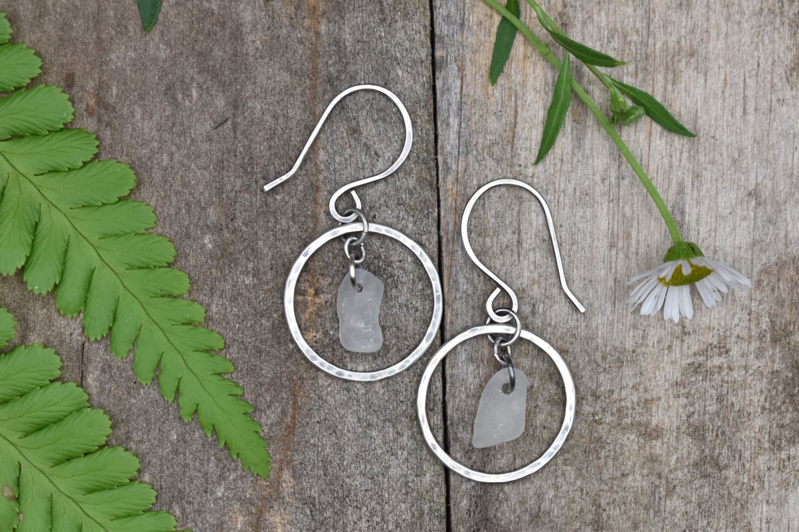Sea Glass and Sterling Silver Circle Earrings, White